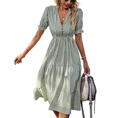 Skrsila Damen Sommerkleid Gestreift V-Ausschnitt Kurzarm Freizeitkleid Knielang Partykleid Strandkleider mit Knöpfen Casual Sommer Kleider von Skrsila