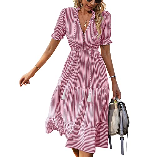 Skrsila Damen Sommerkleid Gestreift V-Ausschnitt Kurzarm Freizeitkleid Knielang Partykleid Strandkleider mit Knöpfen Casual Sommer Kleider von Skrsila