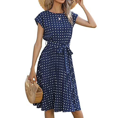 Skrsila Damen Sommerkleid Polka Dots Kleid mit Gürtel Rundhals Freizeitkleid Knielang Kurzarm Vintage Partykleid Boho Sommer Kleider von Skrsila