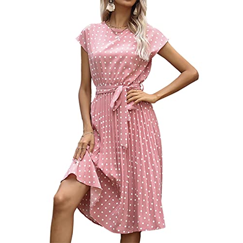 Skrsila Damen Sommerkleid Polka Dots Kleid mit Gürtel Rundhals Freizeitkleid Knielang Kurzarm Vintage Partykleid Boho Sommer Kleider von Skrsila