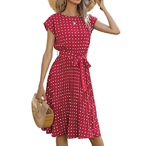 Skrsila Damen Sommerkleid Polka Dots Kleid mit Gürtel Rundhals Freizeitkleid Knielang Kurzarm Vintage Partykleid Boho Sommer Kleider von Skrsila