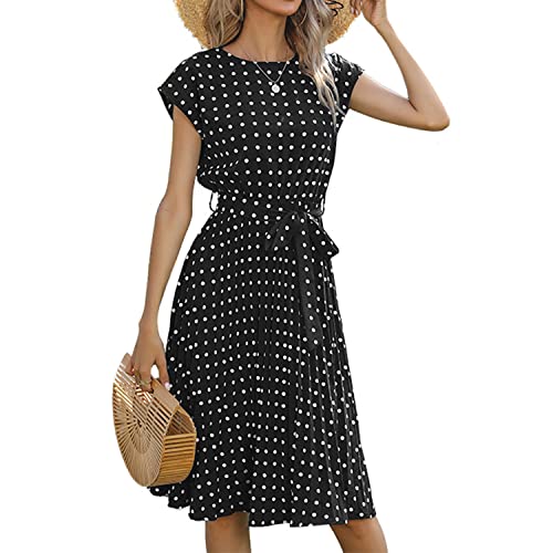 Skrsila Damen Sommerkleid Polka Dots Kleid mit Gürtel Rundhals Freizeitkleid Knielang Kurzarm Vintage Partykleid Boho Sommer Kleider von Skrsila