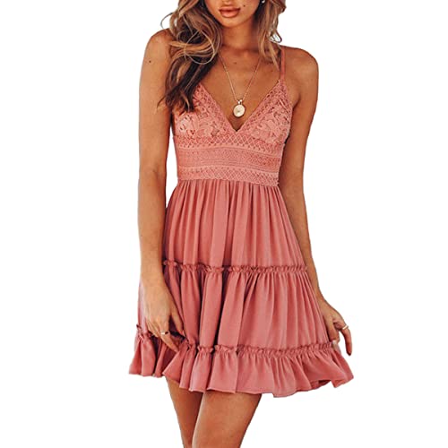 Skrsila Damen Sommerkleid Rückenfrei Sexy Freizeitkleid V-Ausschnitt Minikleid mit Spaghettiträger Spitzennähte Strandkleider Boho Sommer Kleider von Skrsila