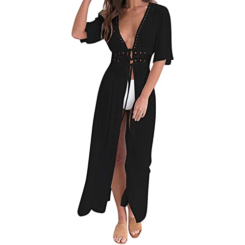 Skrsila Damen Strandkleid Lang Pareos Kleider Kimono Cardigan Beachwear Sommer Sexy Boho Strandponcho Bikini Cover Up, Schwarz von Skrsila