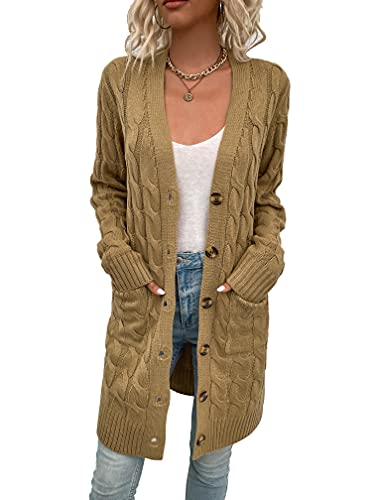 Skrsila Damen Strickjacke Lang Cardigan mit Taschen Strickmantel Langarm Knopfleiste Knit Open Front Herbst Winter Strick Mantel Khaki S von Skrsila