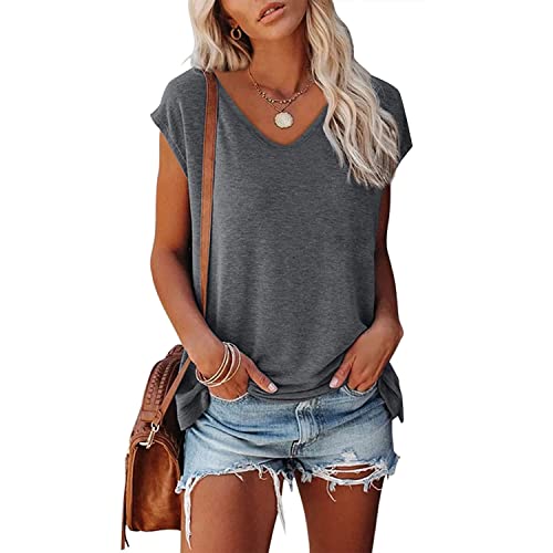 Skrsila Damen T-Shirt Sommer Kurzarm V-Ausschnitt Oberteile Casual Lose Einfarbig Tops Bluse Tunika Basic Shirt von Skrsila