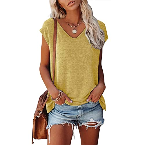 Skrsila Damen T-Shirt Sommer Kurzarm V-Ausschnitt Oberteile Casual Lose Einfarbig Tops Bluse Tunika Basic Shirt von Skrsila