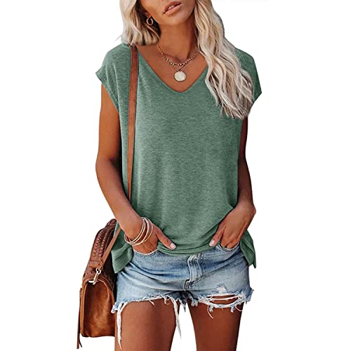 Skrsila Damen T-Shirt Sommer Kurzarm V-Ausschnitt Oberteile Casual Lose Einfarbig Tops Bluse Tunika Basic Shirt von Skrsila