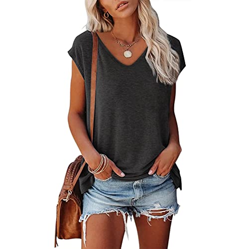 Skrsila Damen T-Shirt Sommer Kurzarm V-Ausschnitt Oberteile Casual Lose Einfarbig Tops Bluse Tunika Basic Shirt von Skrsila