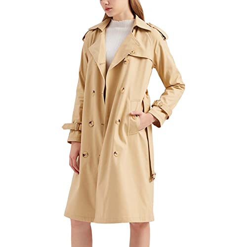 Skrsila Damen Trenchcoat Lang Zweireiher Mantel mit Gürtel Elegant Einfarbig Umlegekragen Windbreaker Frühling Herbst Winter Jacke Outwear Mantel Khaki XS von Skrsila