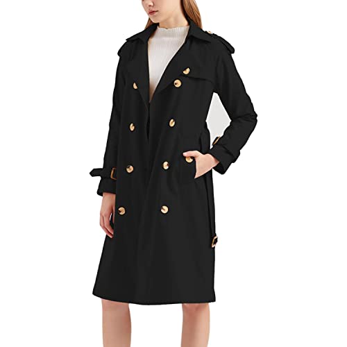 Skrsila Damen Trenchcoat Lang Zweireiher Mantel mit Gürtel Elegant Einfarbig Umlegekragen Windbreaker Frühling Herbst Winter Jacke Outwear Mantel Schwarz L von Skrsila