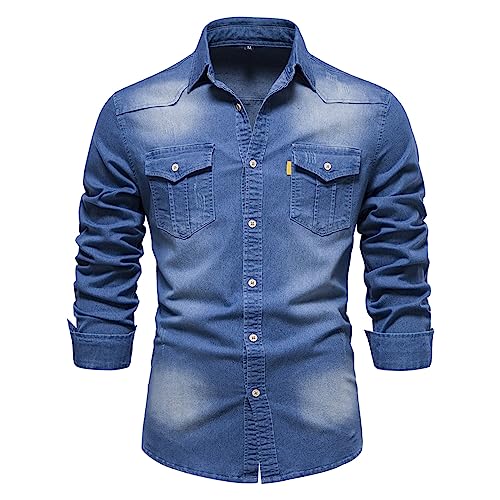 Skrsila Herren Jeanshemd Denim Shirt Langarmhemd Cowboy-Style Kent-Kragen Business Casual Männer Freizeit Hemd von Skrsila