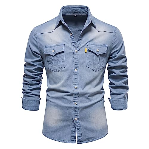 Skrsila Herren Jeanshemd Denim Shirt Langarmhemd Cowboy-Style Kent-Kragen Business Casual Männer Freizeit Hemd, Hellblau von Skrsila