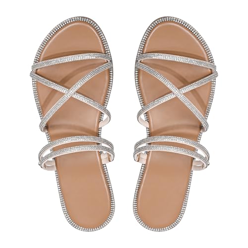 Sksshion Damen Glitzer Strass Flach Criss Cross Riemchen Offene Zehen Sandalen Slip On Hausschuhe, Beige, 35.5 EU von Sksshion