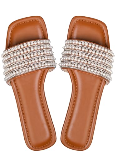 Sksshion Damen Pearls Decro Flache Glitzer Strass Sandalen Open Toe Slip On Slipper, Braun, 37 EU Sksshion Damen Pearls Decro Flache Glitzer Strass Sandalen Open Toe Slip On Slipper, Braun, 37 EU von Sksshion