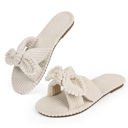 Sksshion Damen Samt Hausschuhe Perle Schleife Offene Zehen Slide Cord Schlafzimmer Schuhe, Beige, 39 EU Sksshion Damen Samt Hausschuhe Perle Schleife Offene Zehen Slide Cord Schlafzimmer Schuhe, Beige, 39 EU von Sksshion