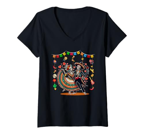 Damen Dia De Los Muertos Couple Floral Skeletons Mexican Dancing T-Shirt mit V-Ausschnitt Damen Dia De Los Muertos Couple Floral Skeletons Mexican Dancing T-Shirt mit V-Ausschnitt von Skull, Skeleton Dia De Los Muertos Costume