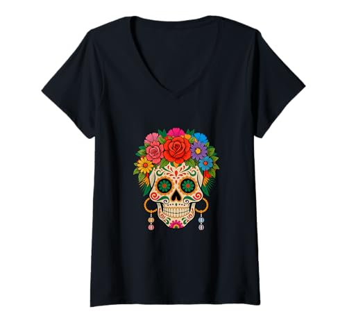 Damen Halloween-Dia De Los Muertos mit Totenkopf und Blumenmotiv, passende Familie T-Shirt mit V-Ausschnitt Damen Halloween-Dia De Los Muertos mit Totenkopf und Blumenmotiv, passende Familie T-Shirt mit V-Ausschnitt von Skull, Skeleton Halloween Costume