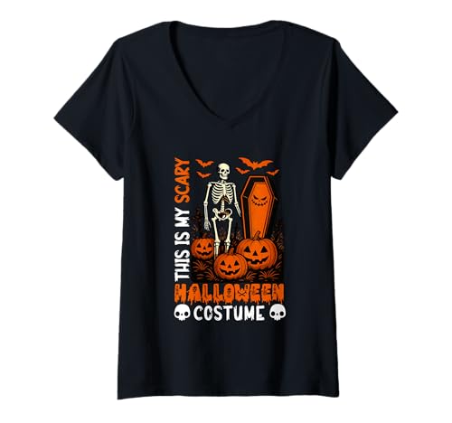 Damen My Scary Halloween Costume Skeleton Carved Pumpkins T-Shirt mit V-Ausschnitt von Skull, Skeleton Halloween Costume