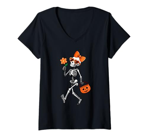 Damen Skeleton Sunglasses Bow Tie Flower Halloween Women Girls T-Shirt mit V-Ausschnitt Damen Skeleton Sunglasses Bow Tie Flower Halloween Women Girls T-Shirt mit V-Ausschnitt von Skull, Skeleton Halloween Costume