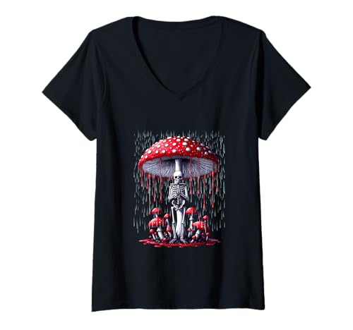 Damen Skeletton Under Mushroom Halloween Rainning Costume Parties T-Shirt mit V-Ausschnitt von Skull, Skeleton Halloween Costume