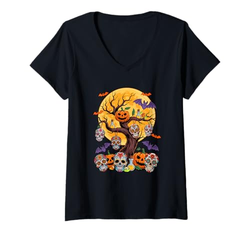 Damen Gruppe Floral Skulls geschnitzter Kürbis auf Baum Halloween Fledermäuse T-Shirt mit V-Ausschnitt von Skull, Skeleton Holiday List Costume