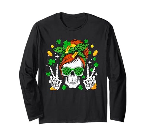 Damen Totenkopf Sonnenbrille Leopard Fliege St. Patrick's Day Langarmshirt Damen Totenkopf Sonnenbrille Leopard Fliege St. Patrick's Day Langarmshirt von Skull, Skeleton St. Patrick's Day Costume