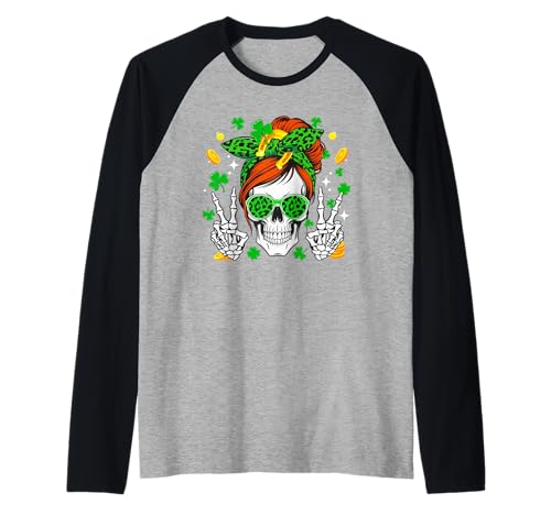 Damen Totenkopf Sonnenbrille Leopard Fliege St. Patrick's Day Raglan von Skull, Skeleton St. Patrick's Day Costume