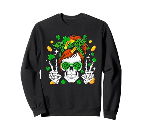 Damen Totenkopf Sonnenbrille Leopard Fliege St. Patrick's Day Sweatshirt von Skull, Skeleton St. Patrick's Day Costume