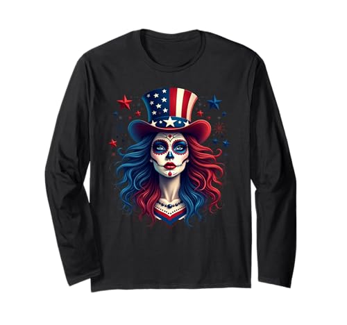 Sugar Skull 4. Juli Amerikanische Flagge Skelett Frauen Langarmshirt von Skull 4th Of July American Flag Skeleton Costume