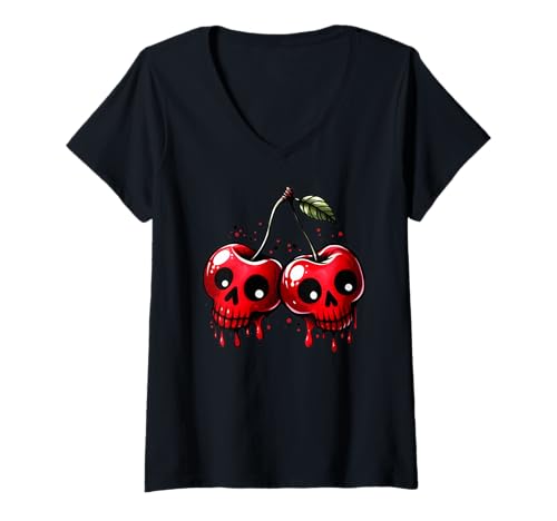 Damen Cherry Skulls Gruseliger tropfender Totenkopf für Halloween, rote Kirschen T-Shirt mit V-Ausschnitt von Skull Cherry Art Dark Gothic Fun Graphic