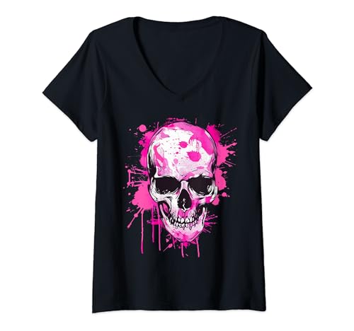 Damen Skelett Totenkopf Skull Biker Rocker Schädel Punk Rock T-Shirt mit V-Ausschnitt Damen Skelett Totenkopf Skull Biker Rocker Schädel Punk Rock T-Shirt mit V-Ausschnitt von Skull Designs Totenkopf & Skelett Rocker Punker