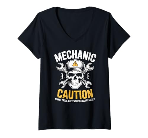 Damen Mechaniker Caution Flying Tools Offensive Language Workshop T-Shirt mit V-Ausschnitt von Skull Garage Auto Repair Friend Family Buddy Tech