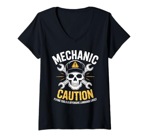 Damen Mechaniker Caution Flying Tools Offensive Language Workshop T-Shirt mit V-Ausschnitt von Skull Garage Auto Repair Friend Family Buddy Tech