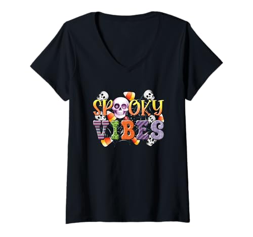 Damen Spooky Vibes Totenkopf-Design T-Shirt mit V-Ausschnitt Damen Spooky Vibes Totenkopf-Design T-Shirt mit V-Ausschnitt von Skull Halloween Spooky Graphics
