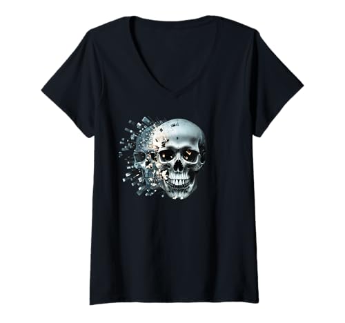 Damen Totenkopf-Motiv, abstrakt, gruselig, cooles Gothic-Design T-Shirt mit V-Ausschnitt Damen Totenkopf-Motiv, abstrakt, gruselig, cooles Gothic-Design T-Shirt mit V-Ausschnitt von Skull Horror Halloween Grunge 3D Design