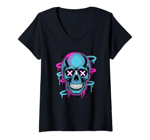 Damen Halloween Graffiti Schädel T-Shirt mit V-Ausschnitt Damen Halloween Graffiti Schädel T-Shirt mit V-Ausschnitt von Skull Lover Gifts