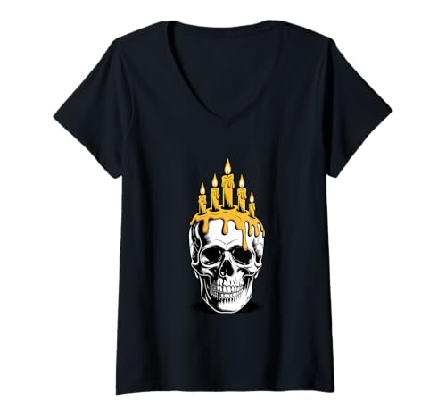 Damen Halloween Grusel Schädel Kerzen Goth Kerze T-Shirt mit V-Ausschnitt Damen Halloween Grusel Schädel Kerzen Goth Kerze T-Shirt mit V-Ausschnitt von Skull Lover Gifts