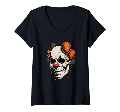 Damen Halloween Gruseliger Clown Schädel T-Shirt mit V-Ausschnitt Damen Halloween Gruseliger Clown Schädel T-Shirt mit V-Ausschnitt von Skull Lover Gifts