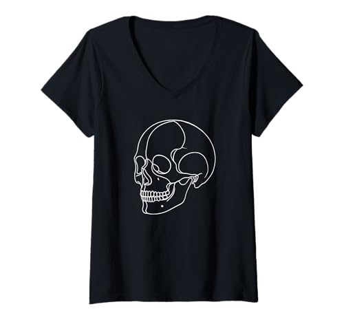 Damen Halloween Linienkunst Schädel Gruselig T-Shirt mit V-Ausschnitt Damen Halloween Linienkunst Schädel Gruselig T-Shirt mit V-Ausschnitt von Skull Lover Gifts