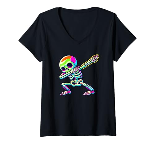 Damen Halloween Paint Art Dabbing Skelett T-Shirt mit V-Ausschnitt Damen Halloween Paint Art Dabbing Skelett T-Shirt mit V-Ausschnitt von Skull Lover Gifts