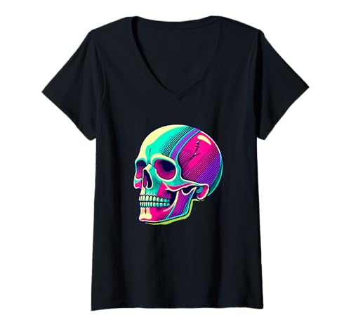 Damen Halloween Paint Art Schädel Gruselig T-Shirt mit V-Ausschnitt Damen Halloween Paint Art Schädel Gruselig T-Shirt mit V-Ausschnitt von Skull Lover Gifts