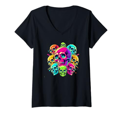 Damen Halloween Paint Art Schädel Gruselig T-Shirt mit V-Ausschnitt Damen Halloween Paint Art Schädel Gruselig T-Shirt mit V-Ausschnitt von Skull Lover Gifts