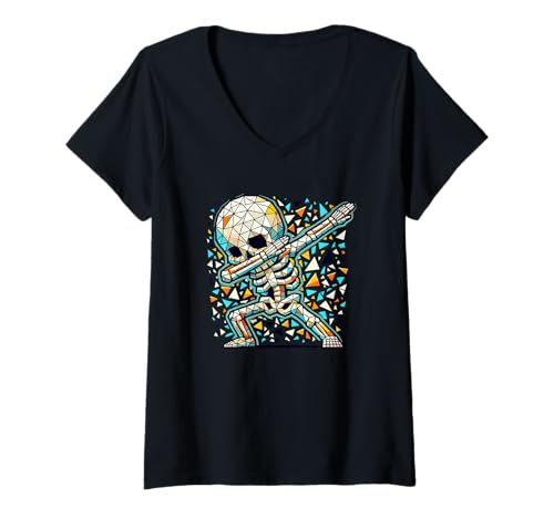 Damen Halloween Polygon Art Dabbing Skelett T-Shirt mit V-Ausschnitt Damen Halloween Polygon Art Dabbing Skelett T-Shirt mit V-Ausschnitt von Skull Lover Gifts