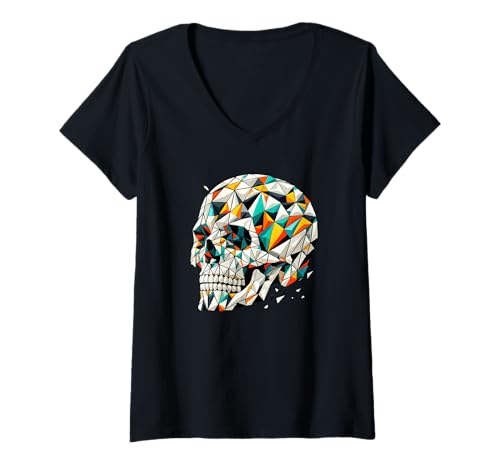 Damen Halloween Polygon Art Schädel Gruselig T-Shirt mit V-Ausschnitt Damen Halloween Polygon Art Schädel Gruselig T-Shirt mit V-Ausschnitt von Skull Lover Gifts