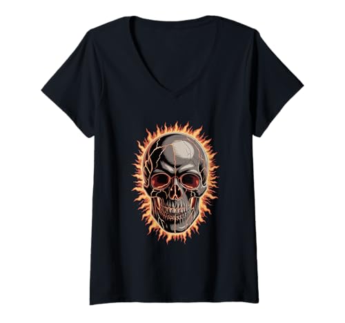 Damen Halloween Schädel Flamme Sonne Gruselige Saison T-Shirt mit V-Ausschnitt Damen Halloween Schädel Flamme Sonne Gruselige Saison T-Shirt mit V-Ausschnitt von Skull Lover Gifts