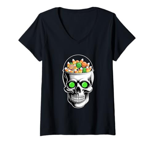 Damen Halloween Schädel Süßes Oder Saures Süßigkeiten Süßigkeit T-Shirt mit V-Ausschnitt Damen Halloween Schädel Süßes Oder Saures Süßigkeiten Süßigkeit T-Shirt mit V-Ausschnitt von Skull Lover Gifts