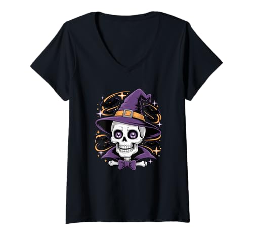 Damen Halloween Skelett Schädel Hexenhut T-Shirt mit V-Ausschnitt Damen Halloween Skelett Schädel Hexenhut T-Shirt mit V-Ausschnitt von Skull Lover Gifts