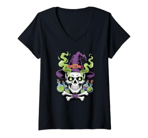 Damen Halloween Skelett Schädel Hexenhut Trank T-Shirt mit V-Ausschnitt Damen Halloween Skelett Schädel Hexenhut Trank T-Shirt mit V-Ausschnitt von Skull Lover Gifts