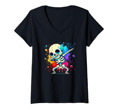 Damen Halloween Splash Art Dabbing Skelett T-Shirt mit V-Ausschnitt Damen Halloween Splash Art Dabbing Skelett T-Shirt mit V-Ausschnitt von Skull Lover Gifts